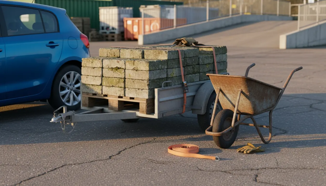 Palle med gamle drivhusfliser på en trailer og en rusten trillebør ved genbrugspladsen.