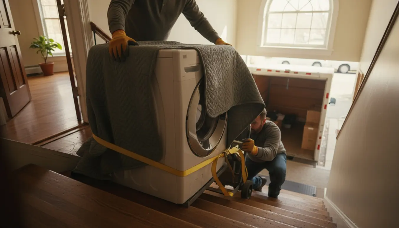 To personer bærer en vaskemaskine ned ad en opgang mod en ventende varebil.