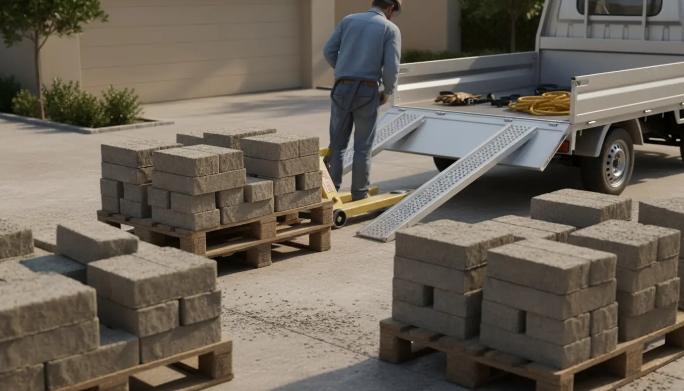 Flere paller med fliser lastes på en lille lastbil i en indkørsel, klar til bortkørsel.