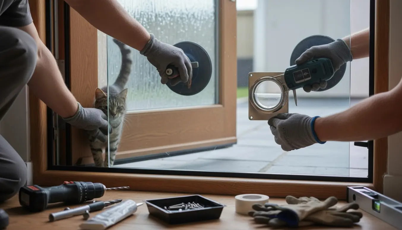 Ny hærdet glasrude med indbygget kattelem monteres i en facadedør, omgivet af værktøj.