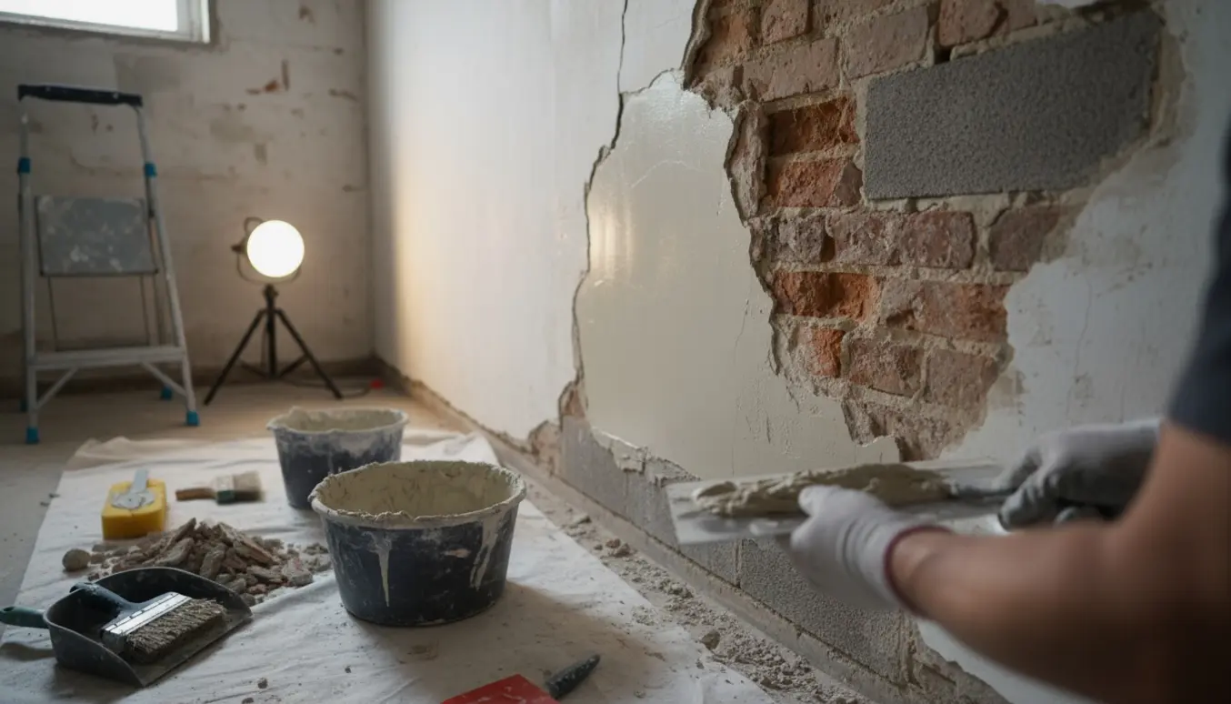 Nærbillede af reparation af revne og manglende puds på en kældervæg med håndværktøj og våd mørtel.