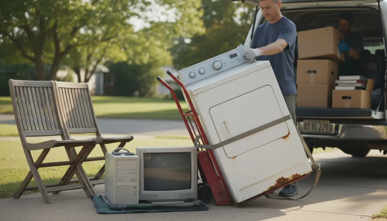 Gammel vaskemaskine, TV, computer, træstole og kasser med bøger ved en åben varebil klar til aflevering på genbrugsstation.