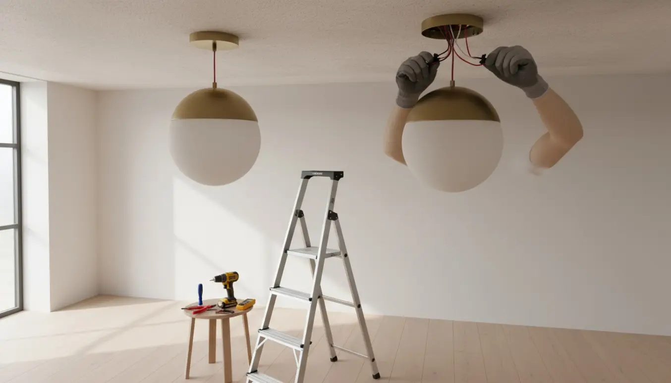To loftlamper under installation med værktøj og hænder i fokus.