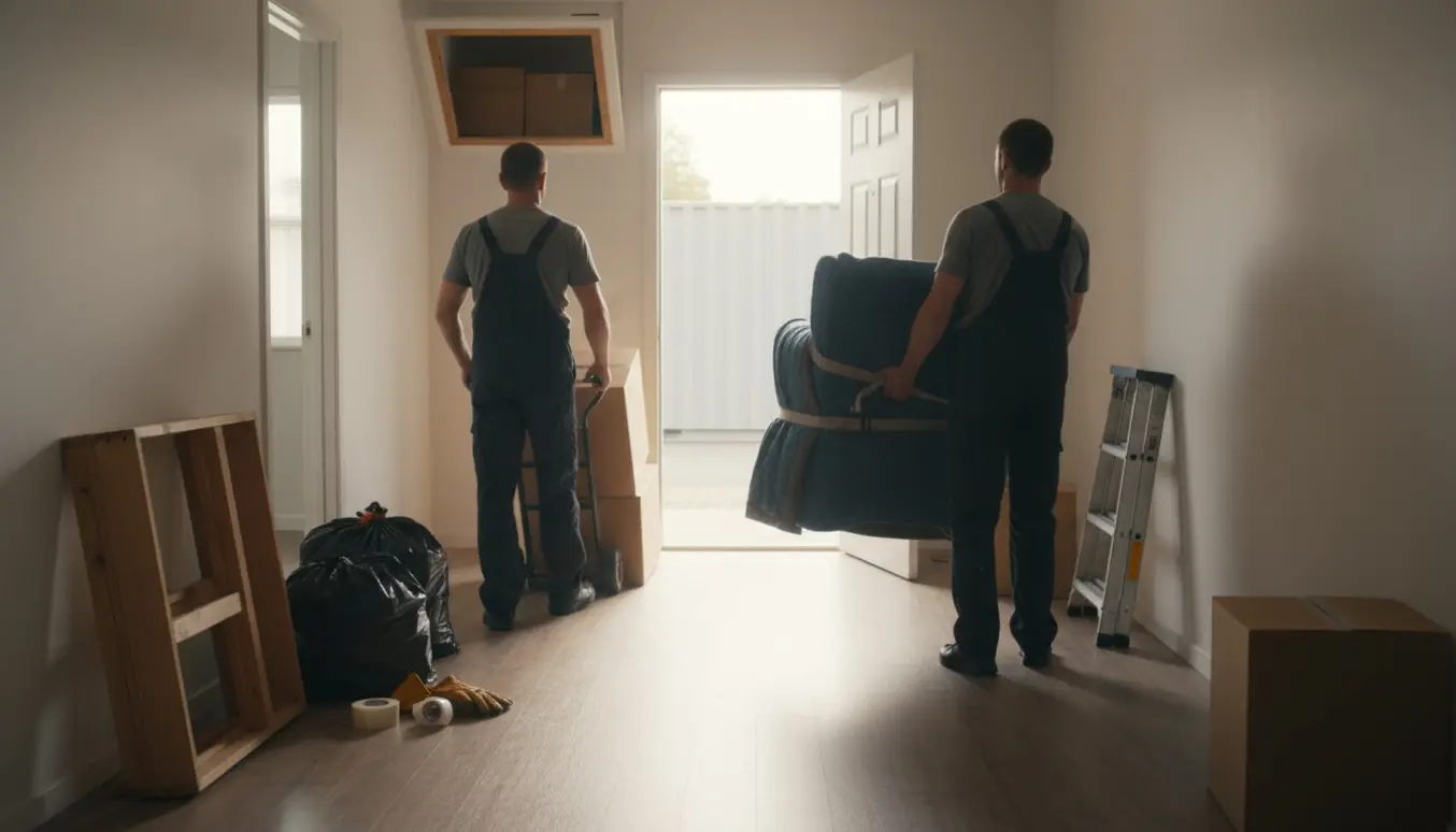 To bærere fører møbler og kasser ud af en lejlighed mod en container på gaden under fraflytning.