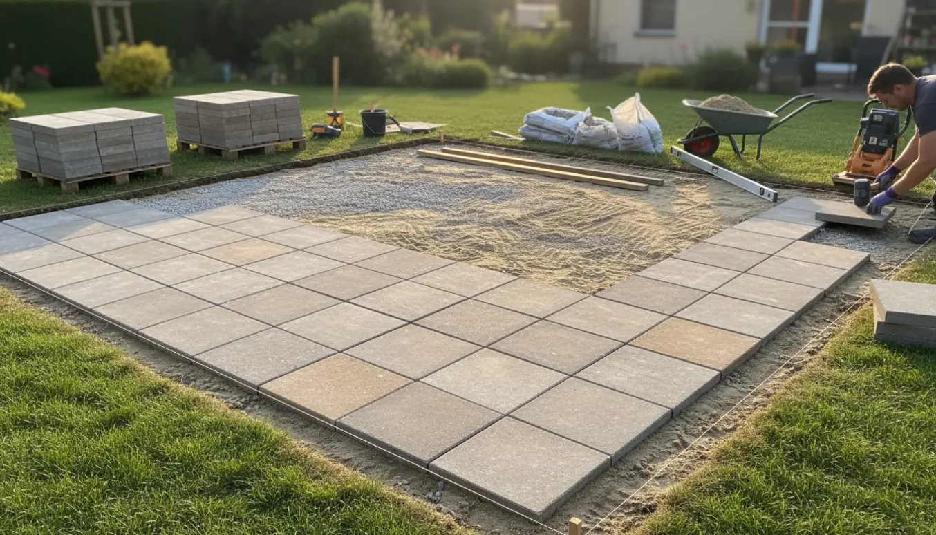 Terrasse under anlæg med nylagte 50 x 50 cm fliser, værktøj og græs omkring.