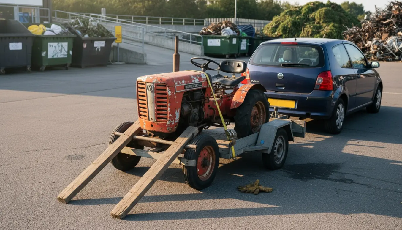 Gammel havetraktor læsset på trailer bag en bil ved en affaldscontainerplads.