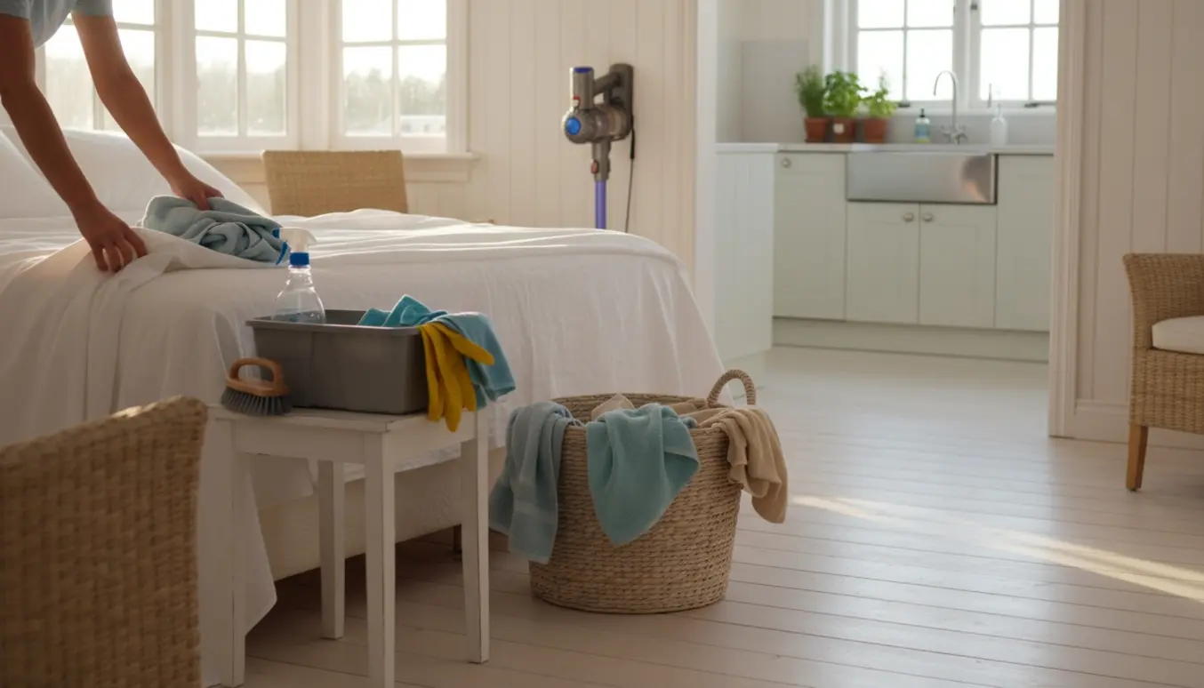 Hænder retter frisk sengetøj i et solbeskinnet sommerhus med rengøringsudstyr og vasketøj.