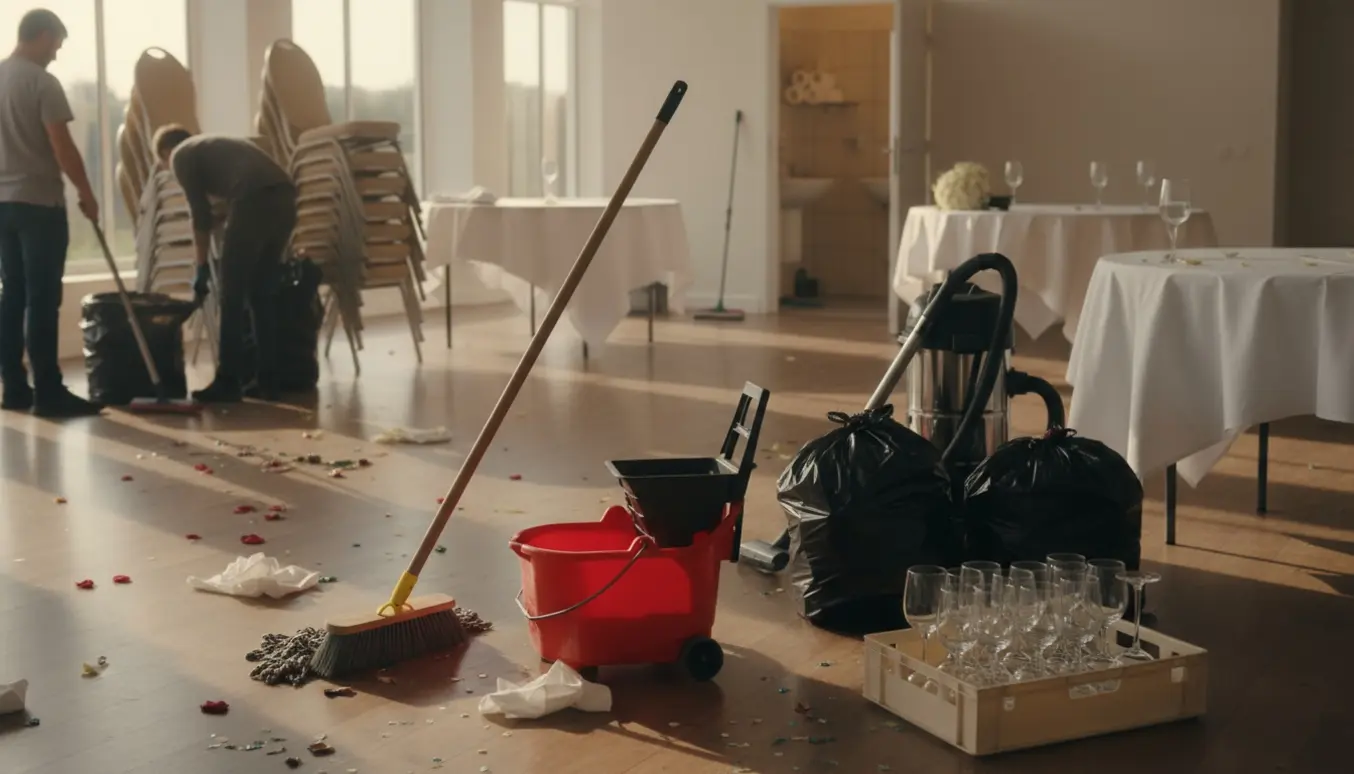 Rengøring af selskabslokale efter bryllupsfest med moppe, støvsuger, stabler af stole og fyldte affaldssække.