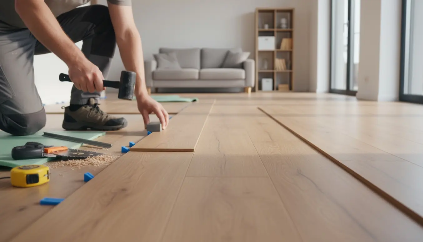 Nærbillede af laminatgulv under installation i en lys stue med værktøj og klikplanker.