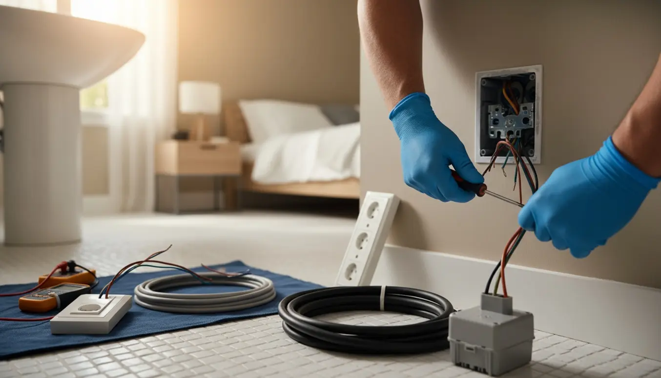 En elektriker arbejder på åbne ledninger ved et badeværelsesudtag med værktøj, kabel til spa og en defekt stikkontakt i baggrunden.