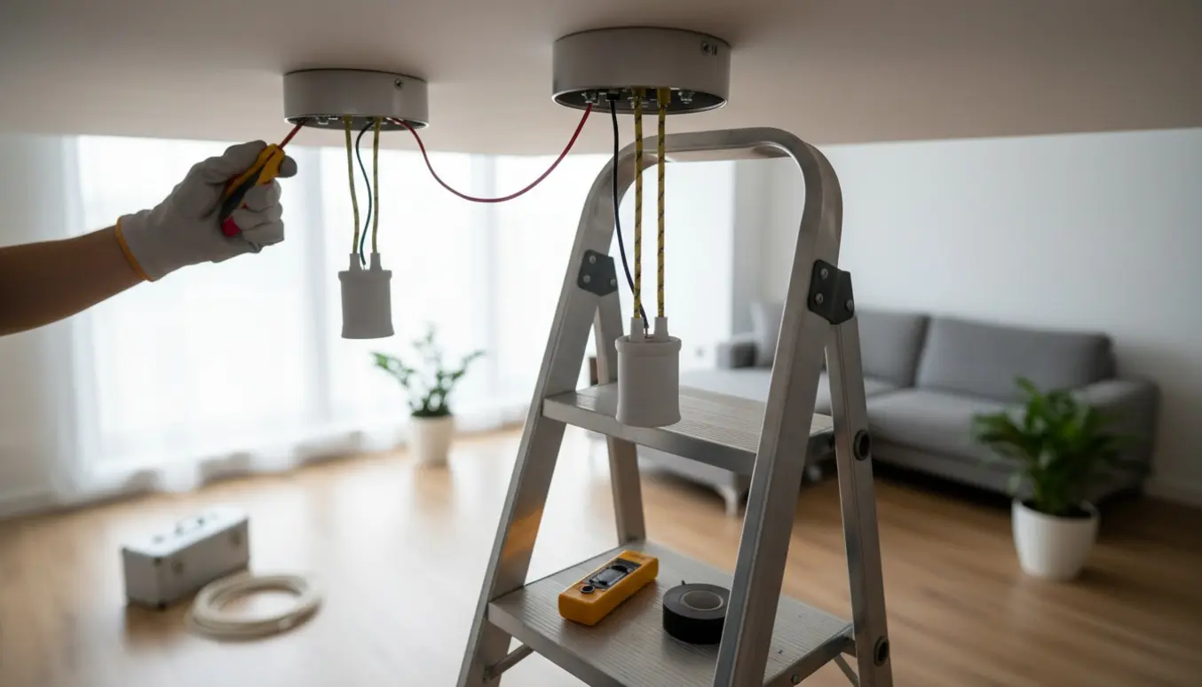 Nærbillede af hænder fra en stige, mens fatninger monteres og tre loftslamper tilsluttes med ledninger og værktøj synligt.