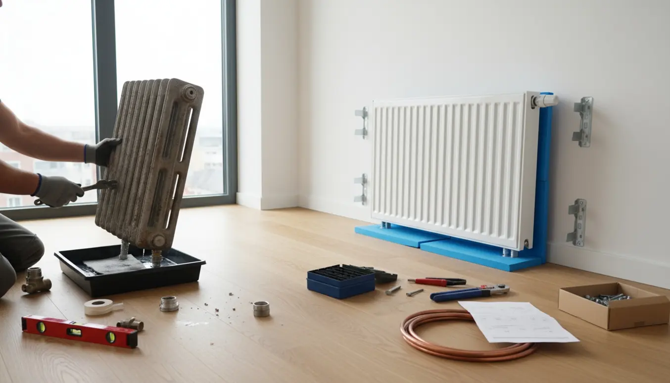 Udskiftning af to radiatorer i en lys bolig med værktøj og nye radiatorer klar til montering.