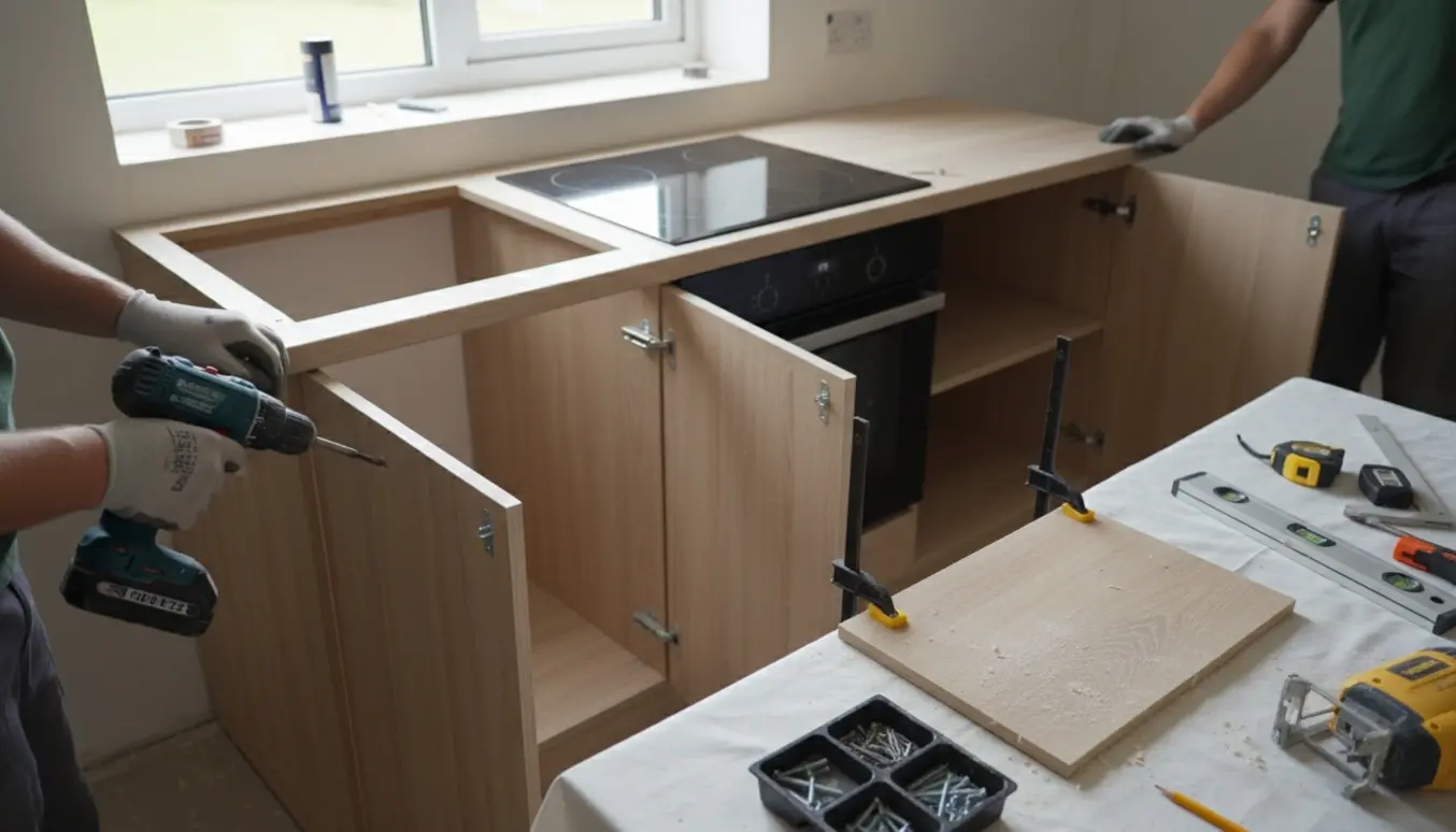 Tre køkkenskabe under montering med ovnåbning, induktionsplade klar og værktøj på bordpladen.