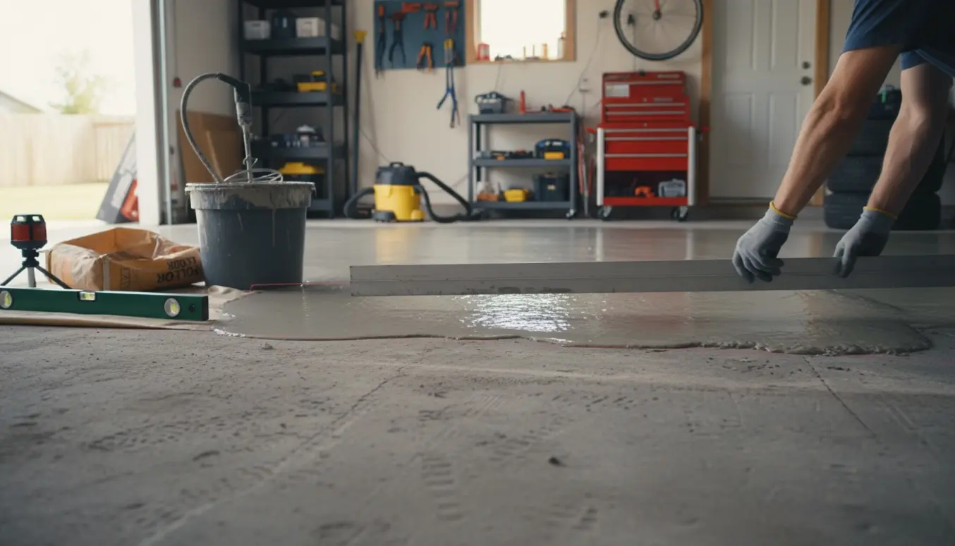 En garagedel hvor et skævt betongulv udjævnes med flydespartel og værktøj, set i tæt indstilling.