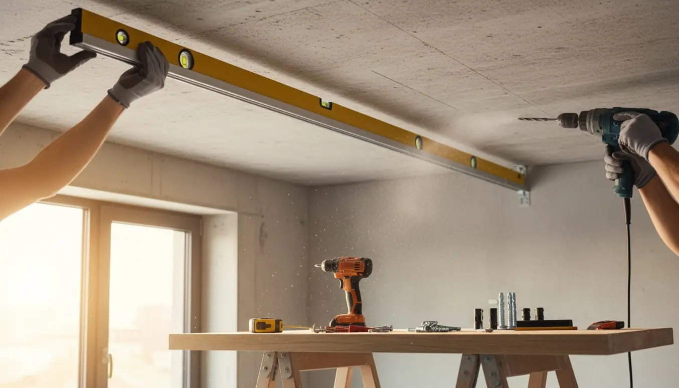 Montering af gardinskinne i betonloft med boremaskine og monteringsdele.