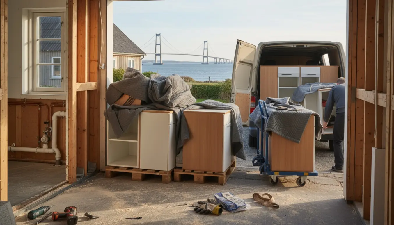 Nedtaget brugt køkken med 16 skabe pakket og læsset på varevogn i indkørsel klar til transport.