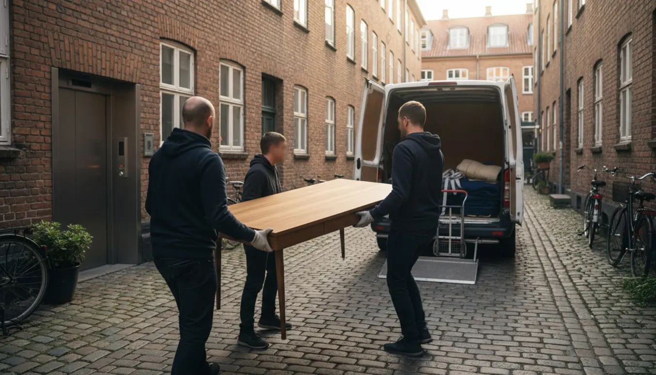 To personer bærer et samlet træskrivebord gennem en københavnsk gård mod en ventende varevogn.