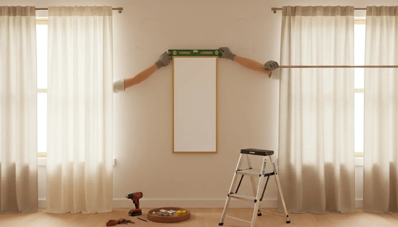 Hænder hænger to gardinsæt op og monterer et enkelt spejl på væggen.