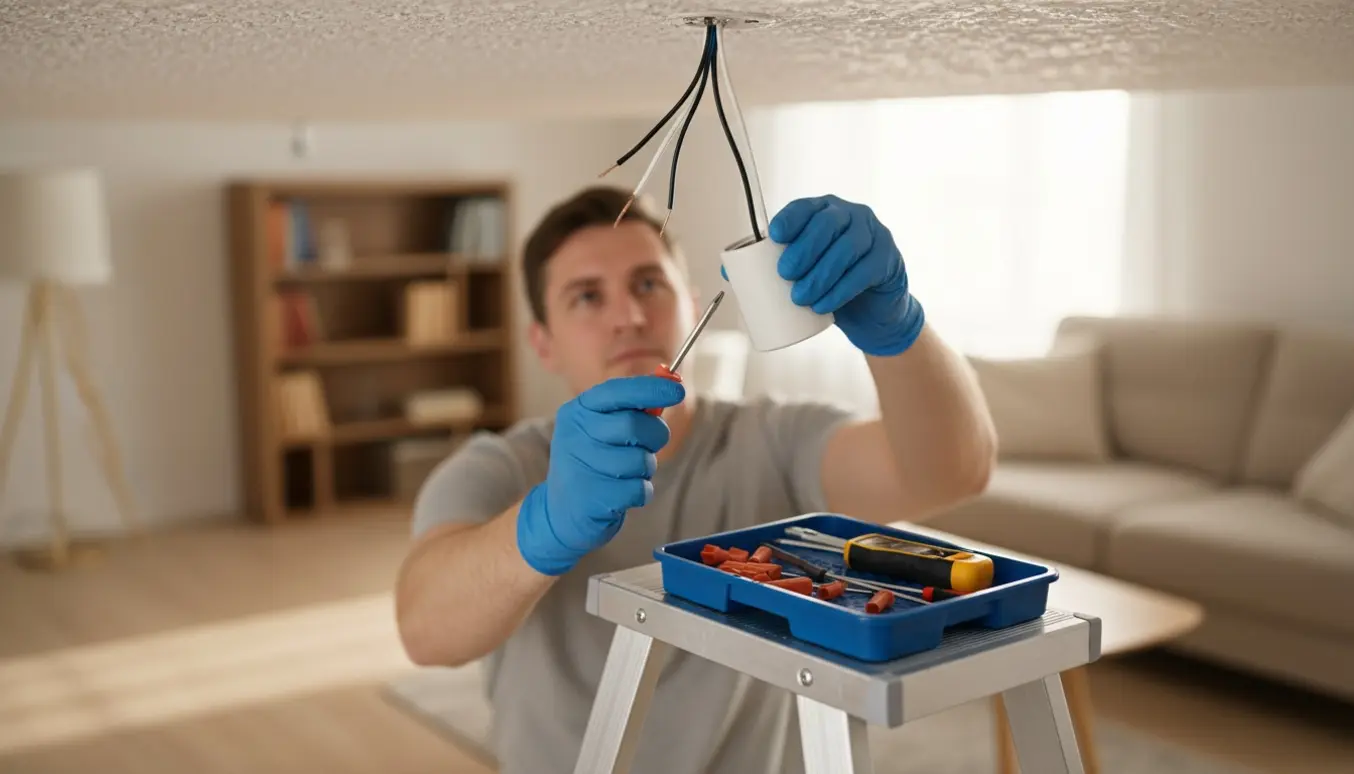 Hænder udskifter en lampefatning i loftet fra en stige med værktøj og reservedele ved siden af.