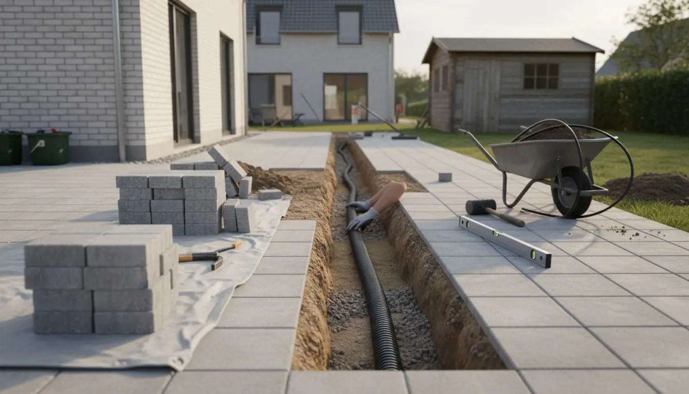 Baghave med optagne fliser og en 50 cm rende til kabelrør mellem hus og skur, værktøj i forgrunden.