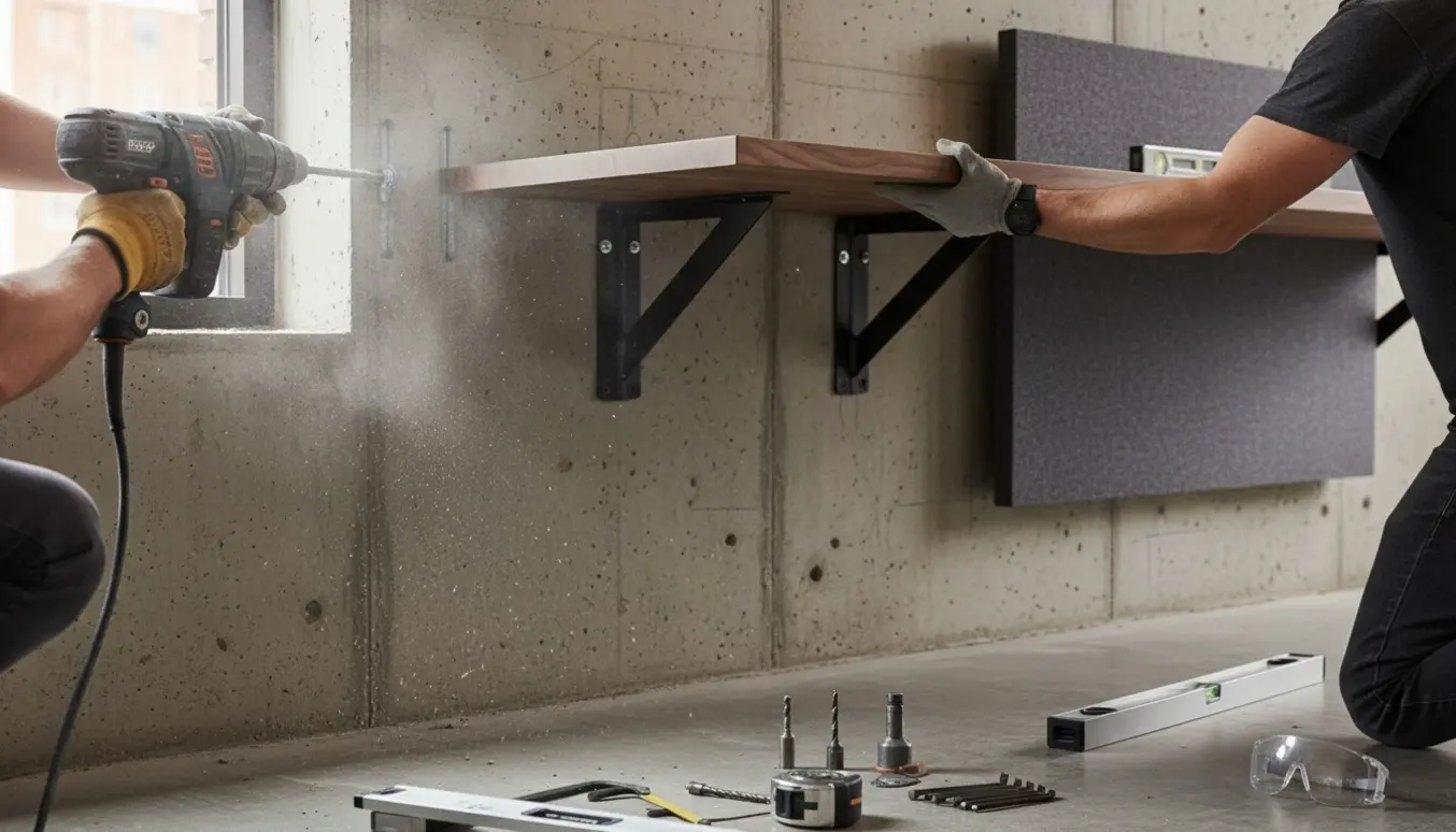 Hænder monterer et tungt væghængt skrivebord og akustikpanel på en betonvæg med borehammer og vaterpas.