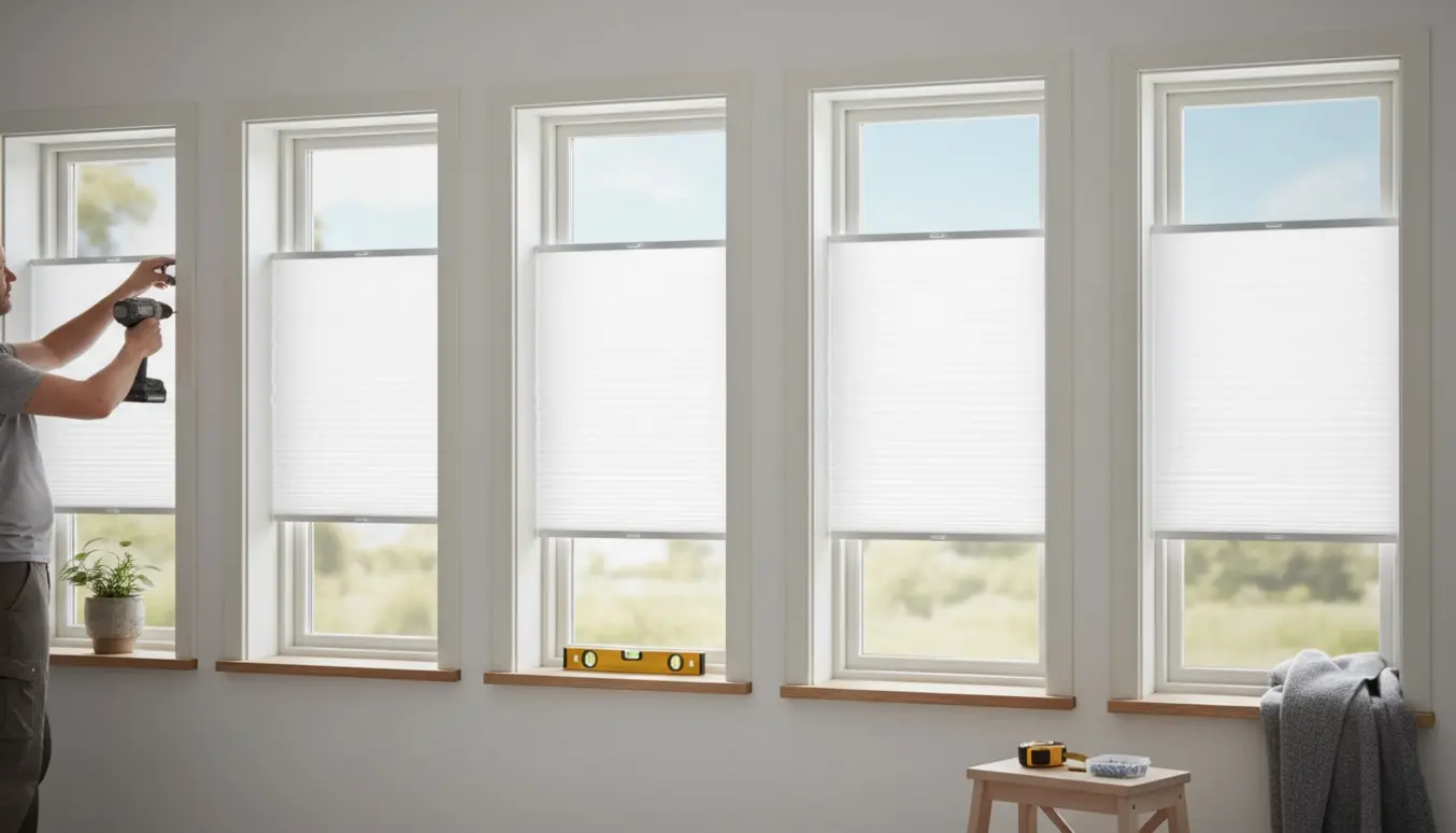 Hænder monterer fem plissegardiner top-down/bottom-up ved en lys, skandinavisk vinduesvæg.