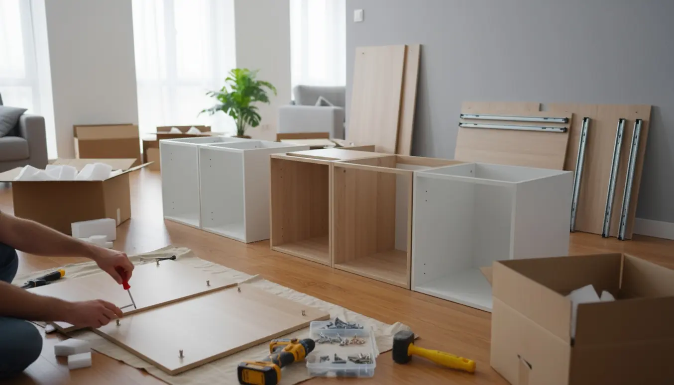 En person samler omkring seks fladepakke-skapper i et lyst rum med værktøj og dele spredt omkring.