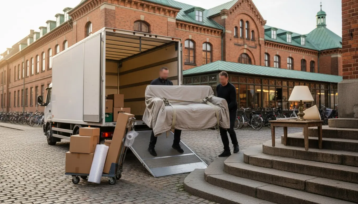 To flyttemænd bærer en indpakket sofa op ad en smal trappe fra en åben flyttevogn ved Torvehallerne i København, omgivet af flyttekasser og flyttetæpper.