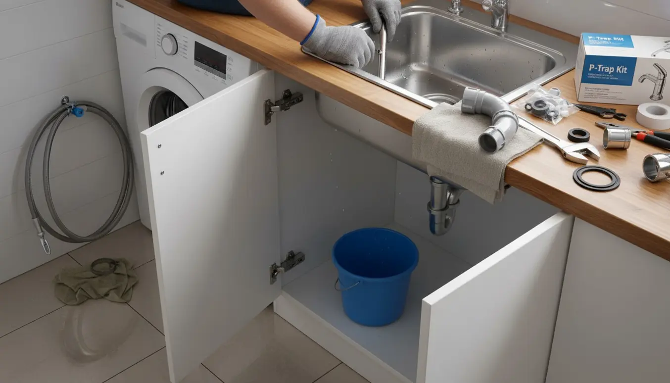 Udskiftning af vandlås under en køkkenvask med afmonteret vaskemaskine og nyt armatur klar til montering.