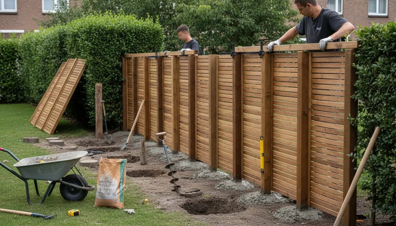 Urban havearbejde med nedtagning og opsætning af nyt lamelhegn, stolper i beton og arbejdsredskaber.