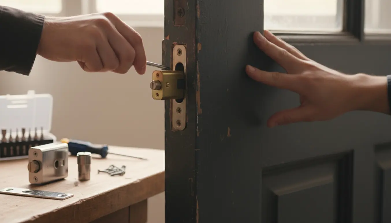 Nærbillede af hænder, der udskifter en låsekasse i en yderdør med værktøj og reservedele.