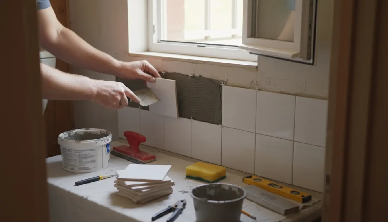 Nærbillede af fliseopsætning omkring et nyt badeværelsesvindue med hvide klassiske fliser og flisetilbehør.