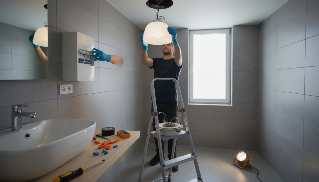 Montering af ny loftslampe i badeværelse med handsker, værktøj og åben sikringsboks.