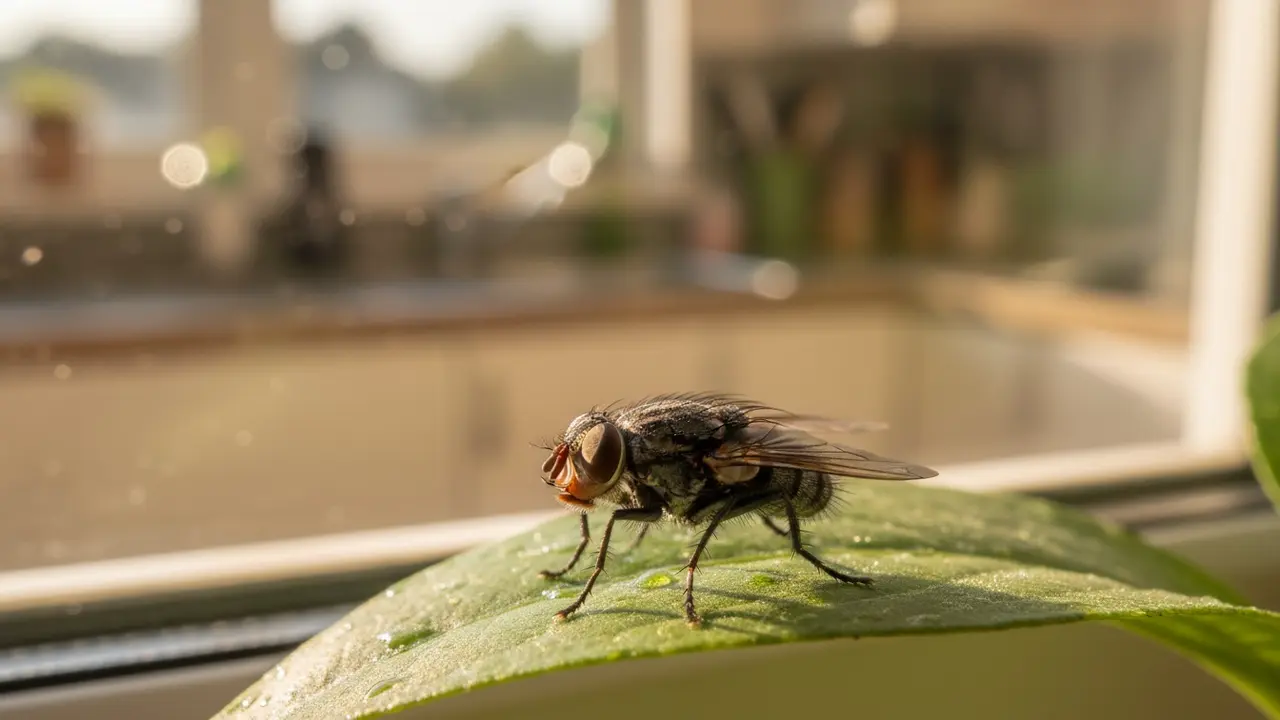 Nærbillede af flue på blad ved vindue, klar og detaljeret