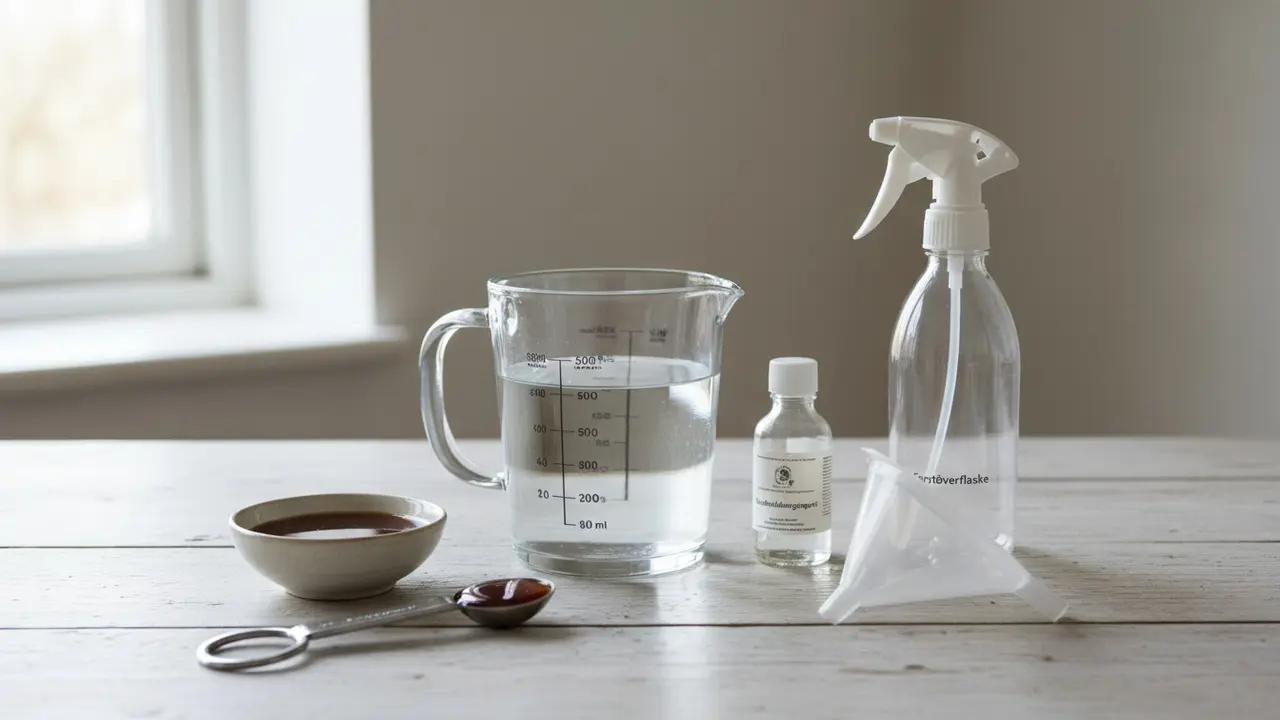 Ingredienser og udstyr: brun sæbe, målebæger, sprit, tragt og forstøver