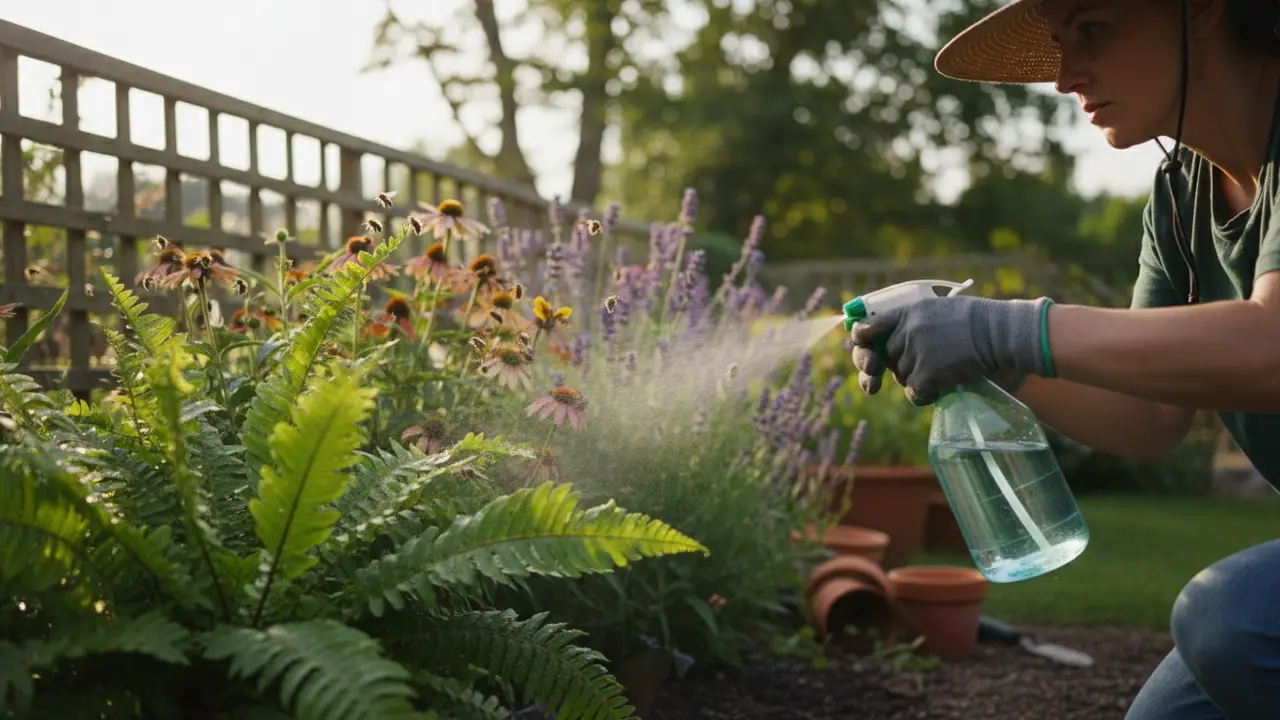Gartner sprayer forsigtigt bladene og undgår blomster med besøgende bier