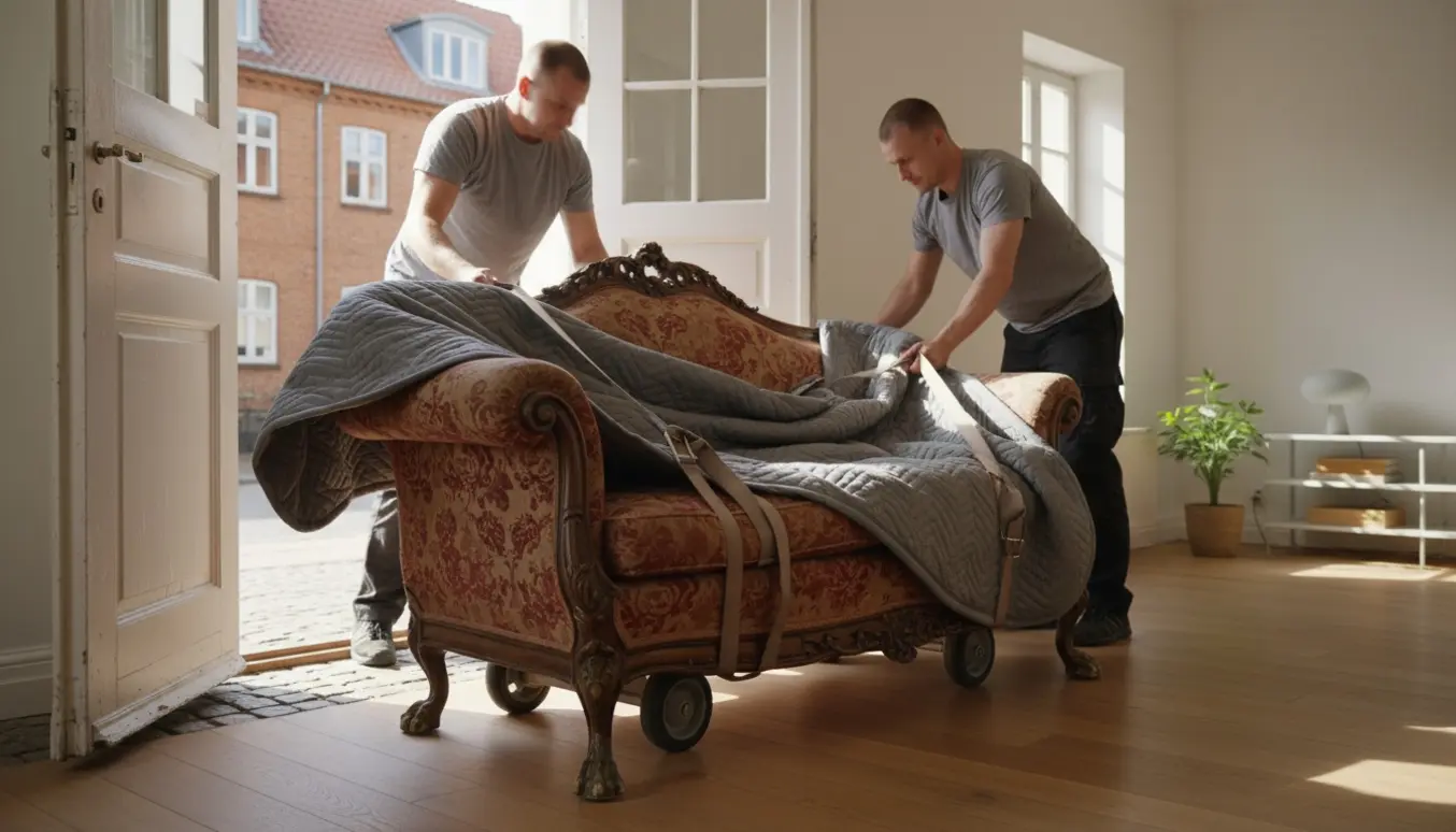 En antik sofa dækket af flyttetæpper bæres ind gennem en åben dør fra gaden til en lys stue.