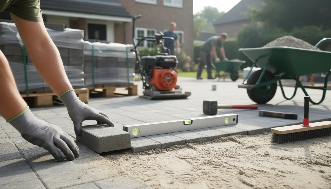 Håndværkere omlægger en indkørsel med fliser og komprimeret bund foran et parcelhus.