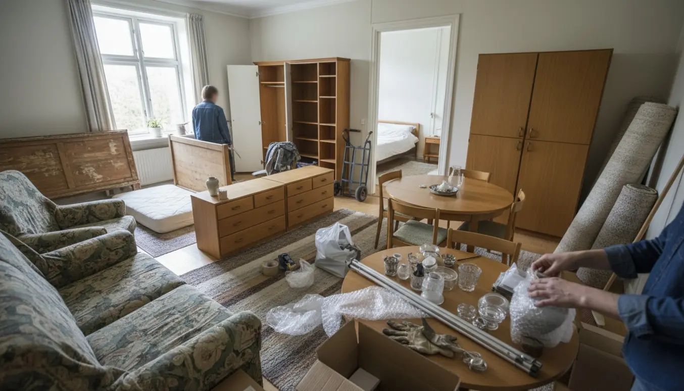To-værelses lejlighed under rydning med møbler, sammenrullede tæpper, kasser og pakkematerialer i naturligt lys.