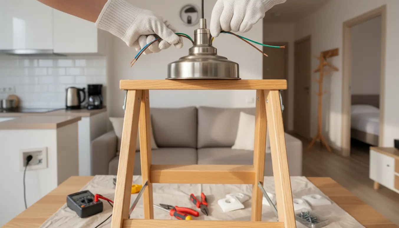 Hænder med handsker monterer en loftslampe med værktøj på et bord i en moderne lejlighed.