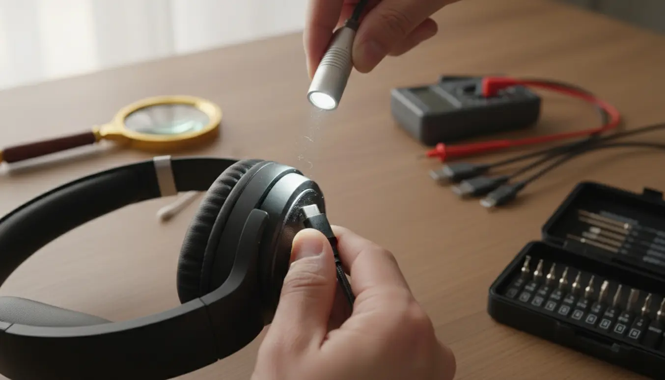 Nærbillede af et trådløst headset på et bord, hvor hænder undersøger opladningsstikket med forskellige kabler og værktøj.