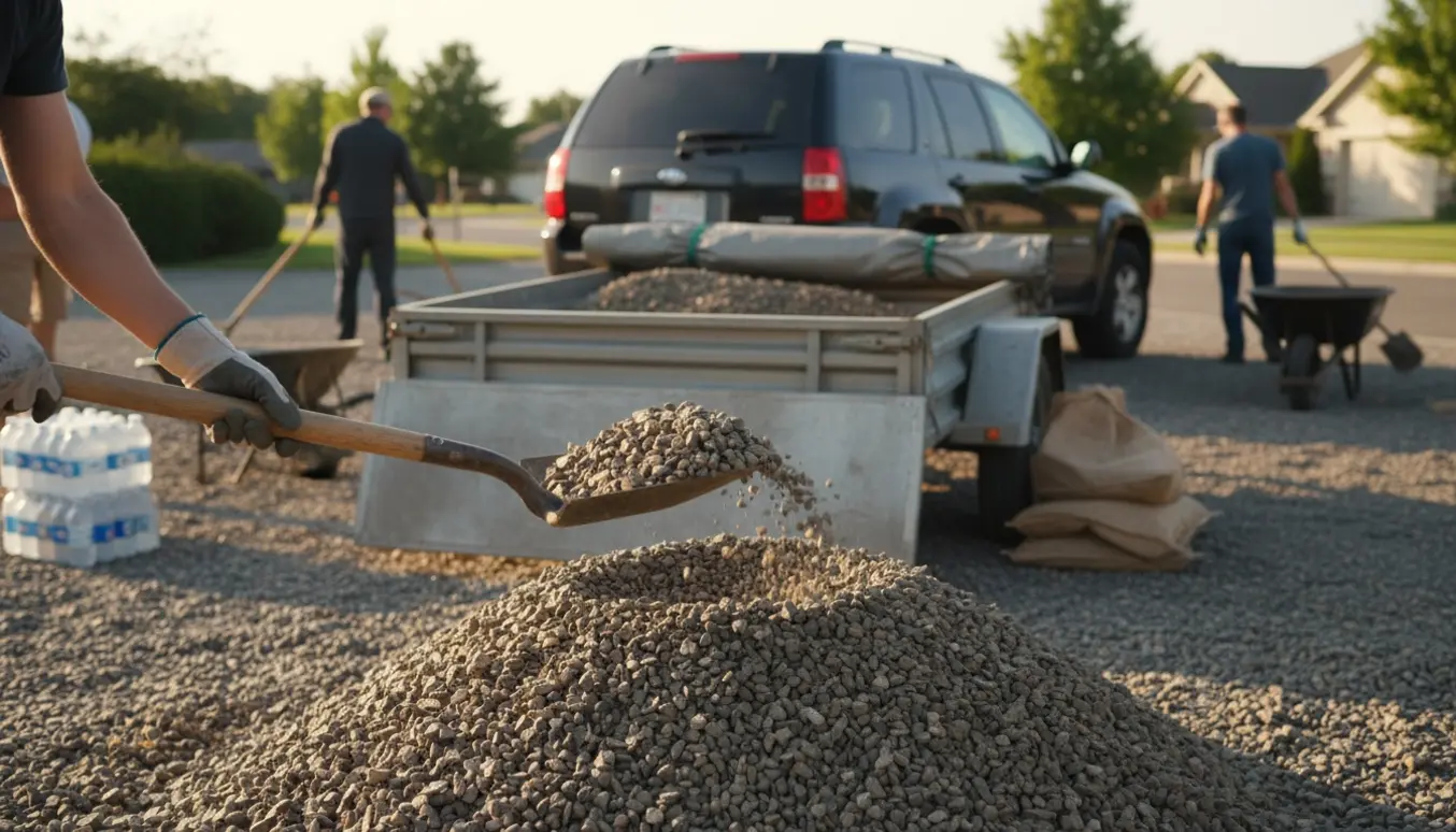 Frivillige læsser småsten i en åben trailer med skovle og trillebøre ved et fælles arrangement.