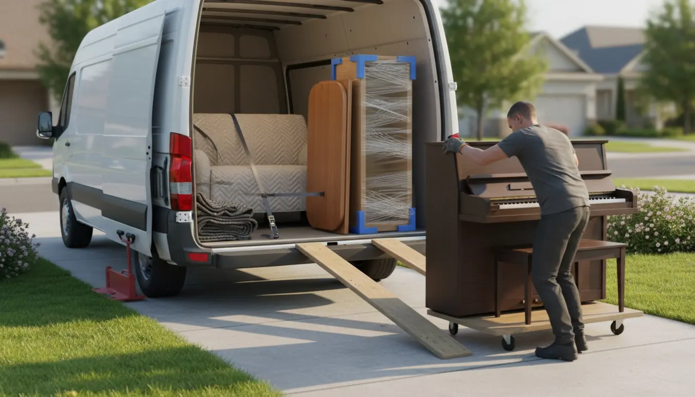 To personer læsser en indpakket sofa, spisebord, vitrineskab og et lille klaver ind i en varevogn på en indkørsel.