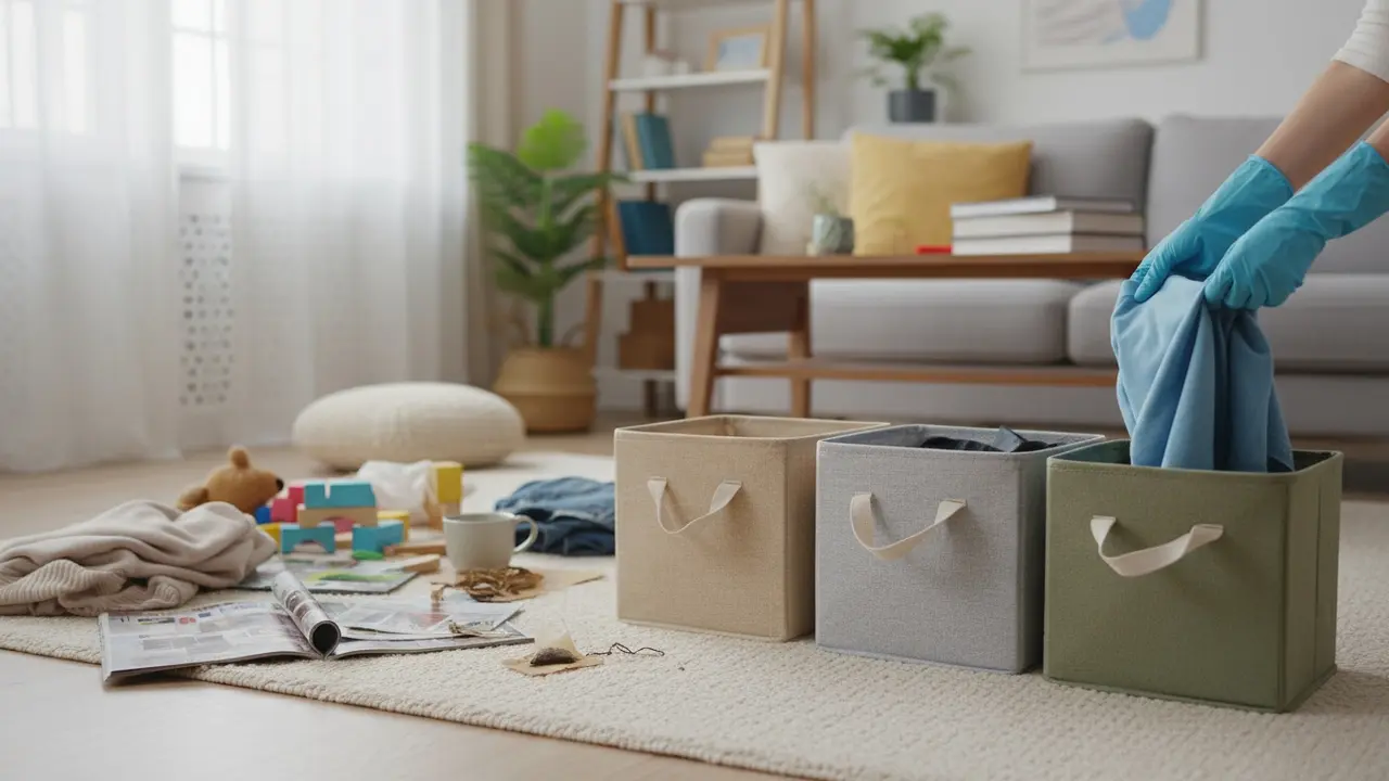 Stue med rod og tre åbne sorteringskasser, hænder sætter en genstand i en kasse