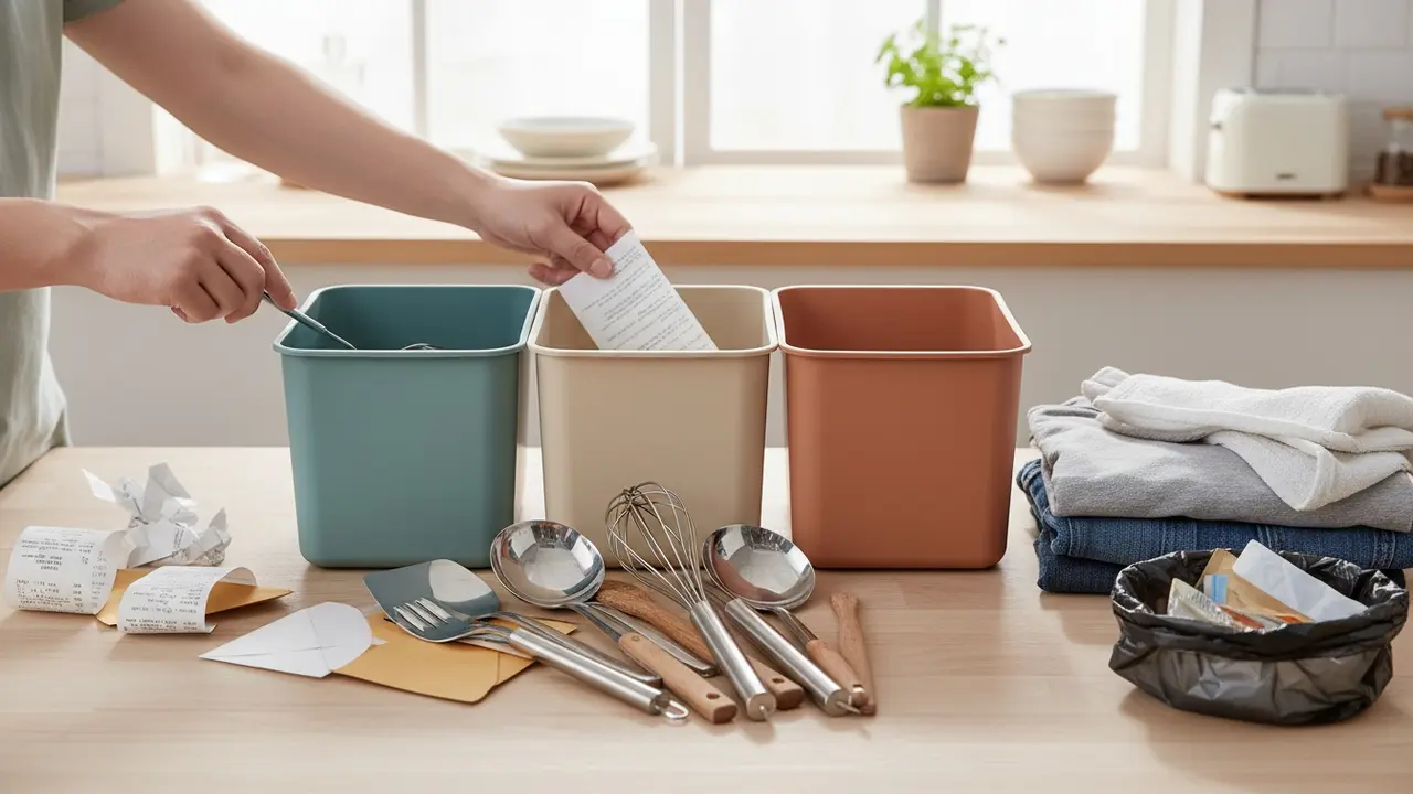 Køkkenbord med tre farvekodede sorteringskasser og hænder, der sorterer ting i dem