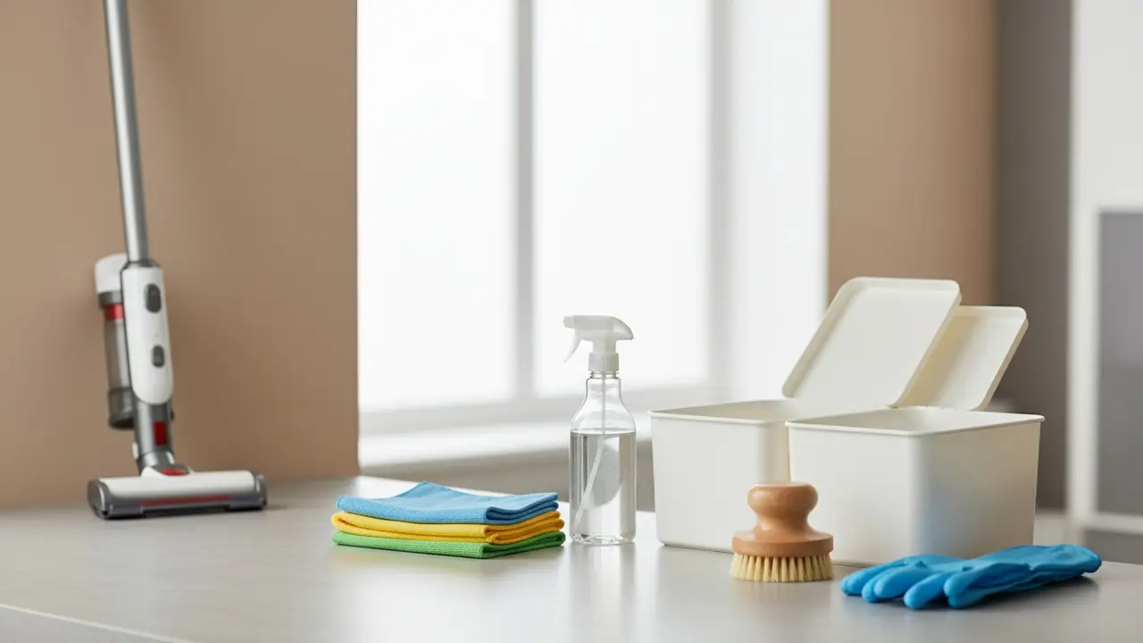 Udvalgt rengørings- og sorteringsudstyr: støvsuger, mikrofiberklude, sprøjeflaske, handsker og opbevaringskasser