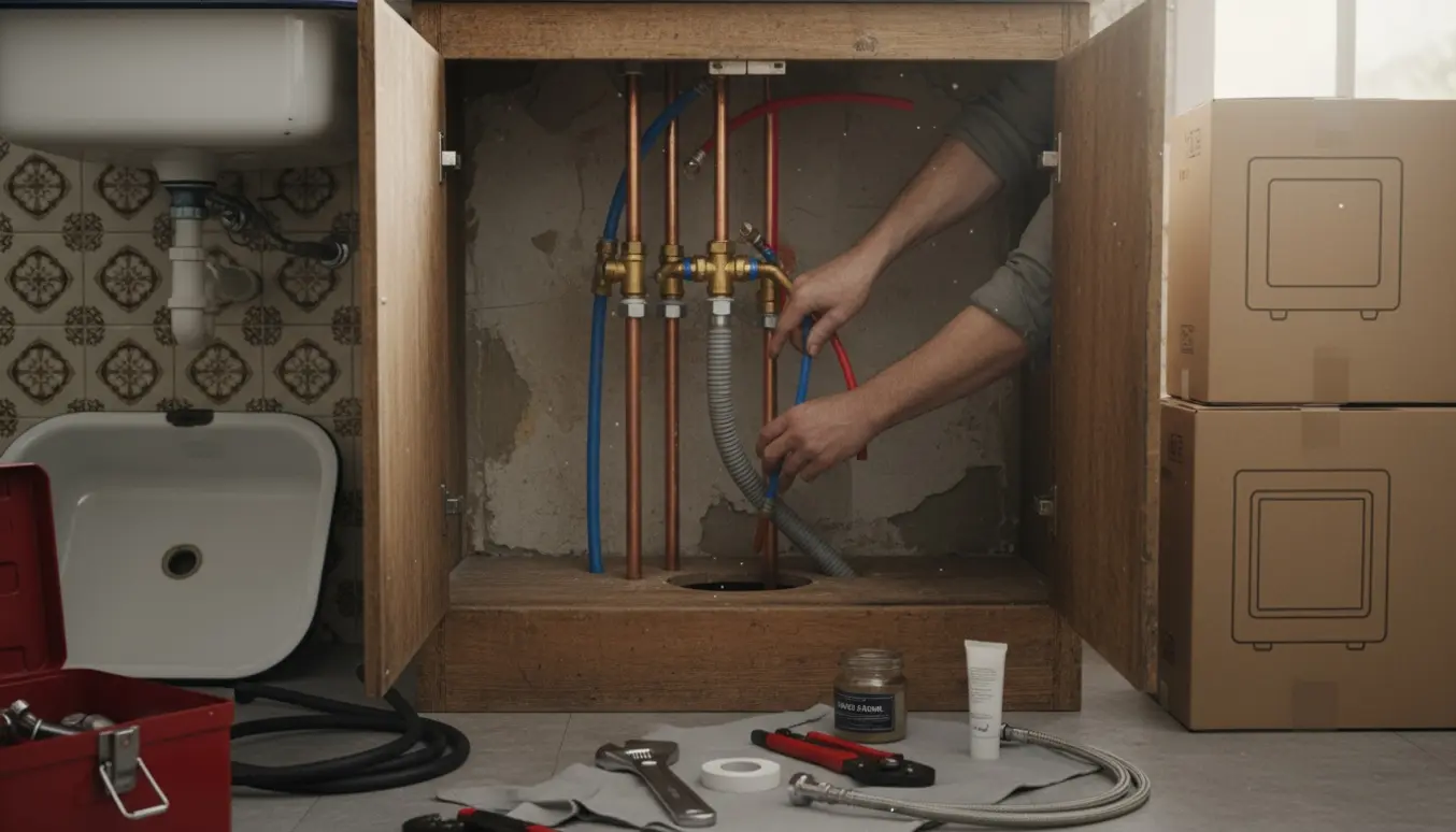 Hænder installerer nye vand- og afløbsrør i et gammelt køkkenskab.