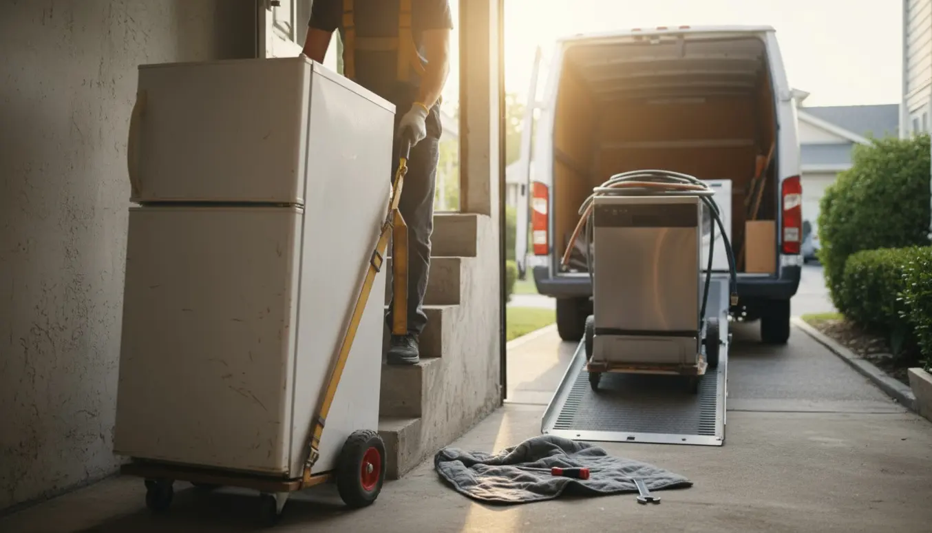 To personer bærer et køleskab op ad en kældertrappe, mens en vaskemaskine og en opvaskemaskine er læsset klar til genbrug.