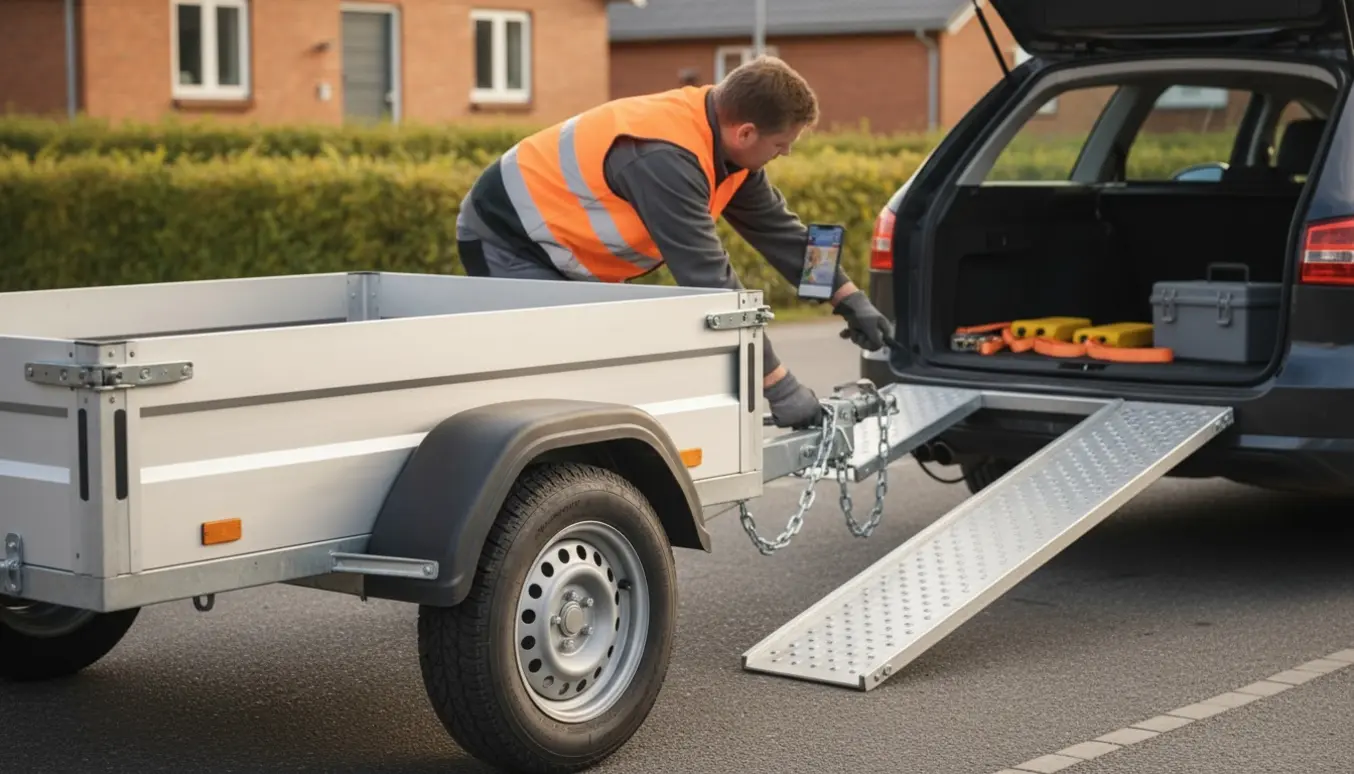 Nærbillede af en person, der kobler en lille 1000 kg trailer til en stationcar med stropper, sikkerhedskæder og mobil synlige.
