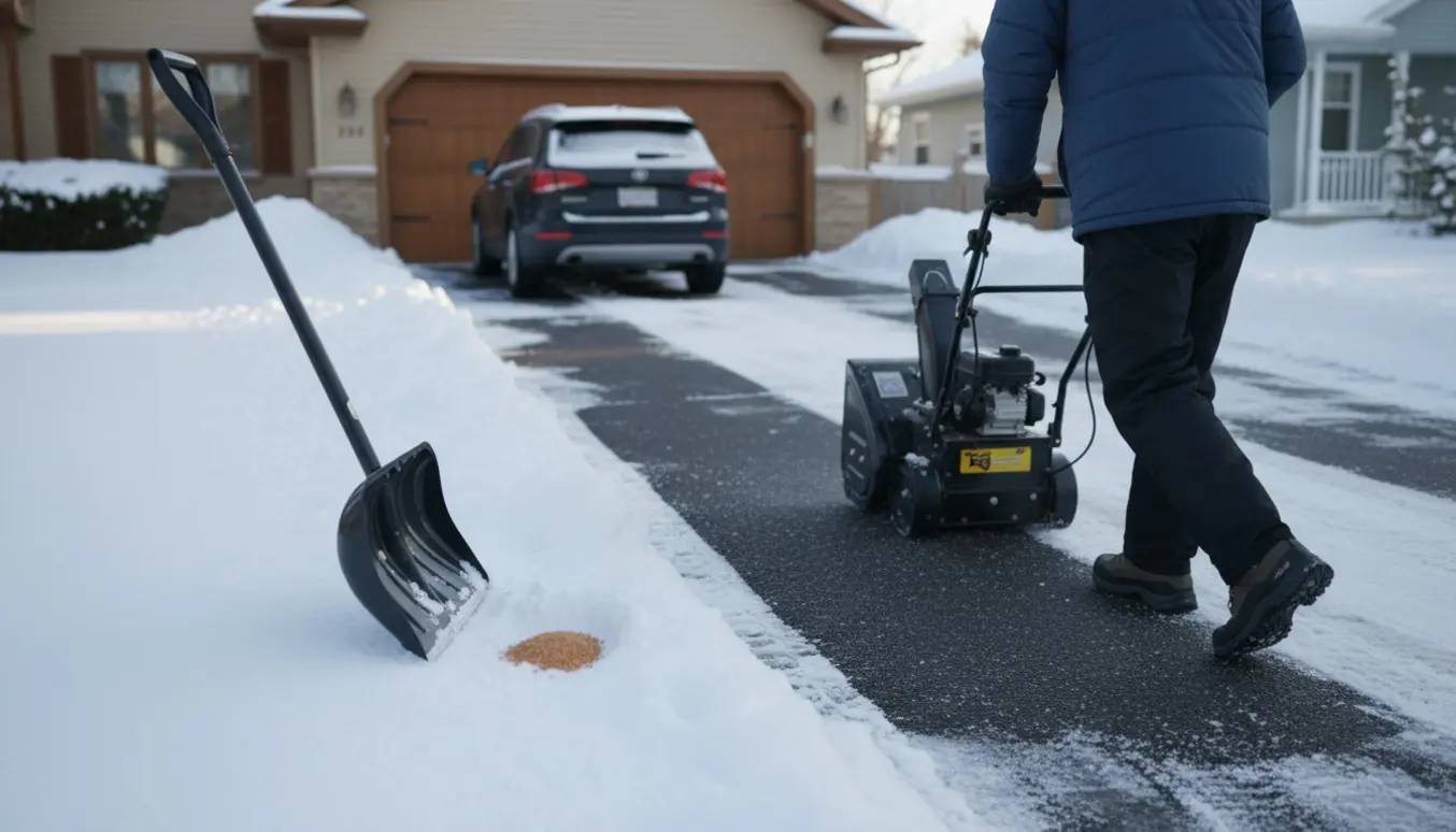 Person rydder sne fra en villaindkørsel med sneskovl og sneslynge i morgenslys.